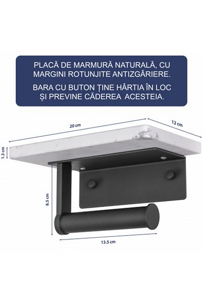 FizioTab FizioTab® Metal Toilet Paper Holder with Marble Shelf, White/Grey