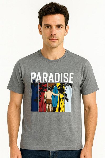 Generic Men’s Printed T-Shirt – “PARADISE” Graphic Casual Short Sleeve Cotton Blend Tee