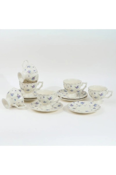 rexa طقم فناجين شاي من البورسلين بنقشة زهور فضية - 6 فناجين مع صحن