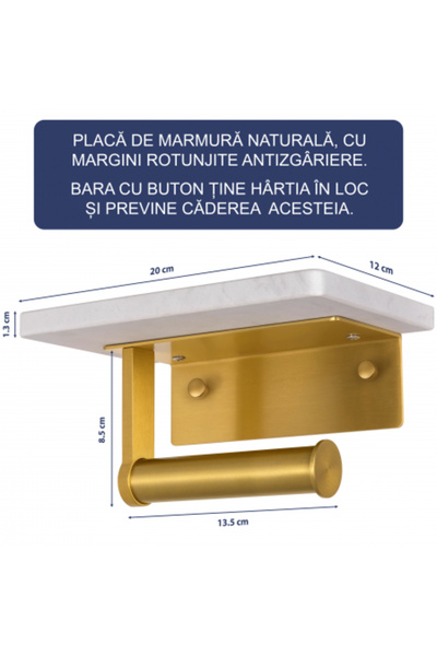 FizioTab FizioTab® Metal Toilet Paper Holder with Marble Shelf, White/Gold