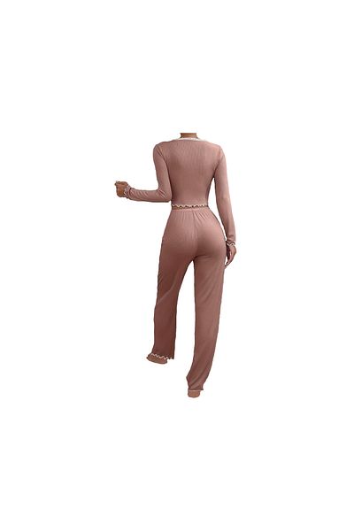 SOLOBUY Outlet Pyjama Sets Women Solid Pattern Crop Tops V Neck Long Sleeve Shirts Ruffles Pants