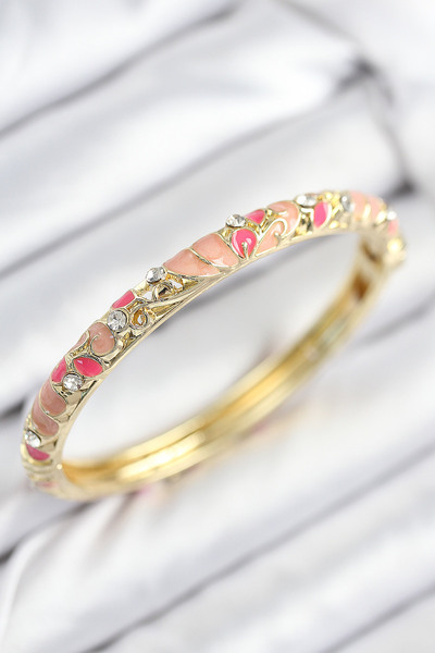 Clariss Mineli Brass Zircon Stone Pink Flower Motif Gold Women's Handcuffs