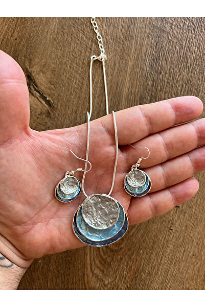 Büyük Hanım Retro Saucer Design Boho Style Blue Pendant Earrings Set