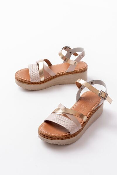 Budi 730-044 Beige Garni Orthopedic Knitted Patterned Genuine Leather Padding Women's Sandals