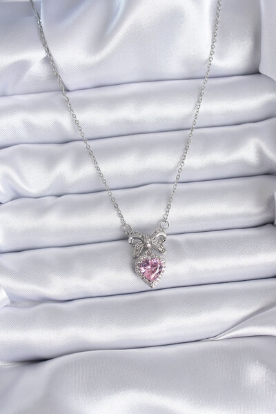 Clariss 316L Steel Silver Color Chain Pink Crystal Heart Zircon Stone Ribbon Model Women's Necklace