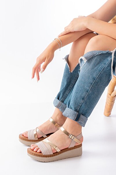 Budi 730-044 Beige Garni Orthopedic Knitted Patterned Genuine Leather Padding Women's Sandals
