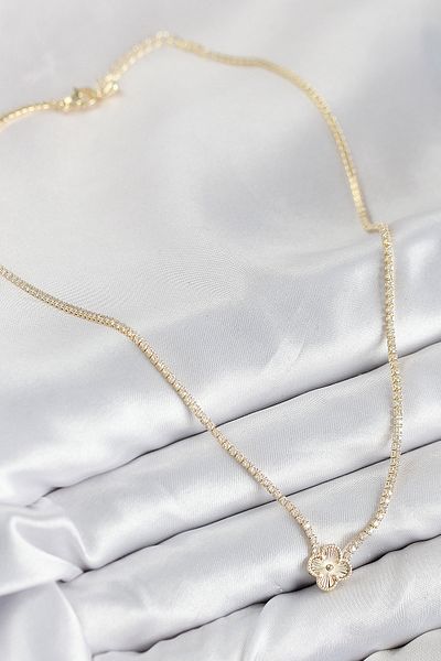 Clariss Brass Zircon Stone Clover Model Gold Color Women's Necklace