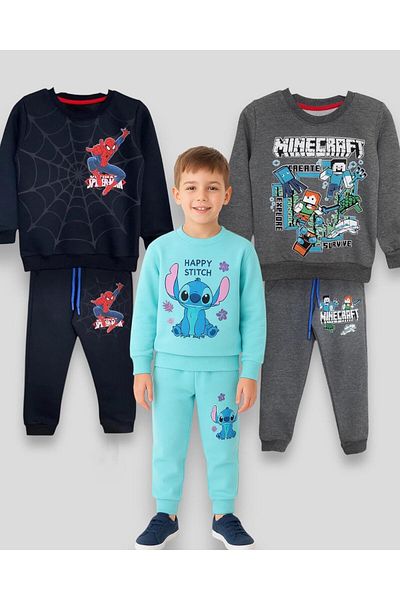 LİTTLE TORTOİSE Boy's 3-Piece Stitch, Spiderman, Minecraft Printed Set