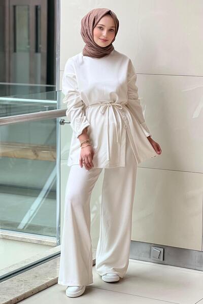 Mahal Casual Slit Button Detailed Tunic Trousers Suit