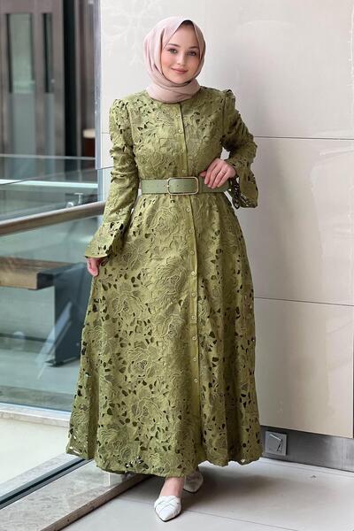 Mahal Guipure Dress with Belted Sleeve Ends Valon