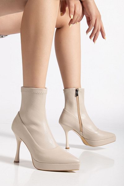 Hayalimdeki Ayakkabı Star Women's Beige Stretch Skin Thin Heeled Boots