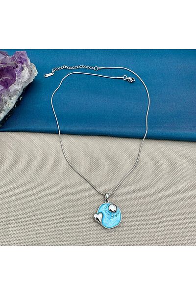 Opia Takı & Aksesuar Steel Blue Enamel Heart Sun Silver Necklace
