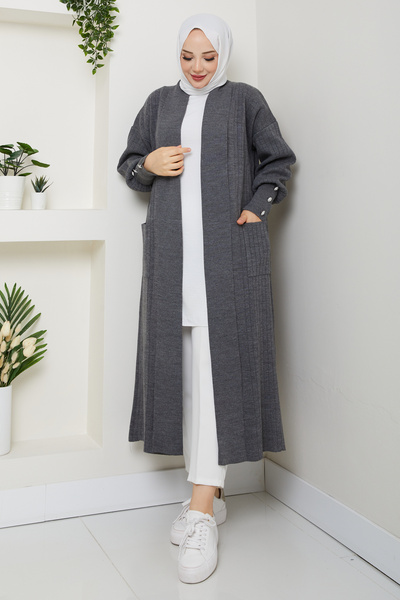 Pamuk Butik Kadın Kolu Düğmeli Şal Yaka Çelik Örgü Triko Hırka