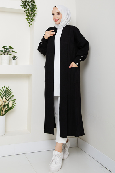 Pamuk Butik Women's Sleeve Buttoned Shawl Collar Steel Knitted Sweater Cardigan