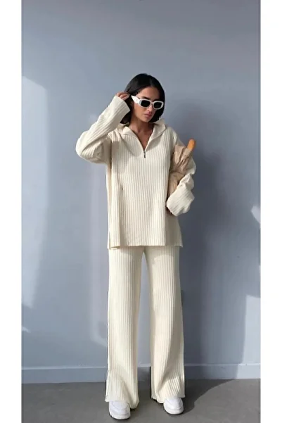 Zoe Zoe Women's Ribbed Collar Zippered Leg Slit Side Zipper Knitwear Suit Hijab