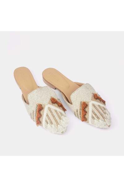 Delilah Nomad Embroidered Mule – Genuine Leather, Handcrafted with Tassels – Beige & Gold