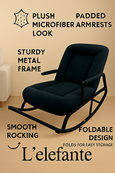 l'elefante كرسي هزاز فاخر قابل للطي مع مساند ذراع مبطنة وتنجيد من الميكروفايبر وإطار معدني قوي