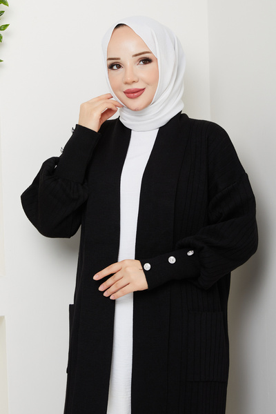 Pamuk Butik Women's Sleeve Buttoned Shawl Collar Steel Knitted Sweater Cardigan