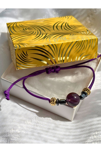 ayrestyle Sphere Cut Amethyst Natural Stone Drawstring Women's Bracelet - Adjustable Macrame Bohemian Design