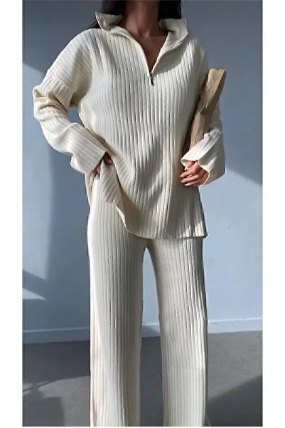 Zoe Zoe Women's Ribbed Collar Zippered Leg Slit Side Zipper Knitwear Suit Hijab