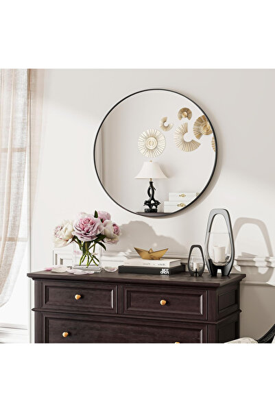 OEM Oglindă rotundă, diametru 50 cm, cu ramă metalică neagră de 3 cm și 2 cle...