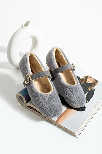 AlbiShoes Dowry Bundle Fluffy Women's Indoor Ballerinas Winter Belted Plush Wool Indoor Outdoor Ballerinas