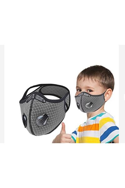 THK 2 Valve Sport Mask for Kids, with Carbon Filter, Grey