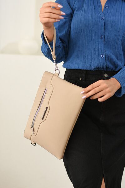 Çanta Trend Women's Faux Leather Beige Color Portfolio with Adjustable Cross Strap and Hand Strap, Clutch Bag