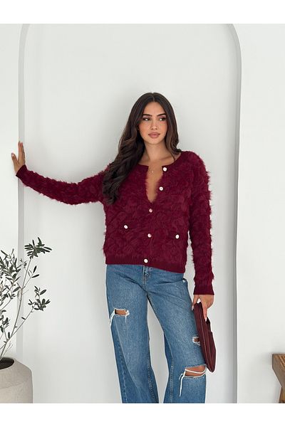02Lady Fashion Baklava Patterned Soft Textured Pocket Detailed Buttoned Beard Fabric Knitwear Cardigan