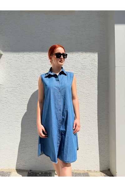 BURKAY Women's Sleeveless Denim Shirt Dress – Button down Relaxed Fit Summer Dress