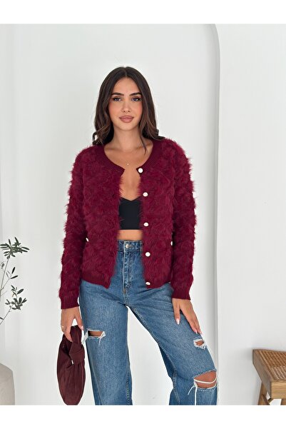 02Lady Fashion Baklava Patterned Soft Textured Pocket Detailed Buttoned Beard Fabric Knitwear Cardigan