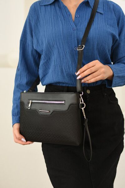 Çanta Trend Women's Faux Leather Black Mosaic Patterned Portfolio with Adjustable Cross Strap and Hand Strap, Clutch Bag