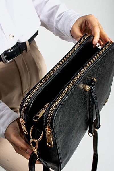 Çanta Trend Geantă de umăr neagră mată pentru femei, din piele artificială, cu curea încrucișată reglabilă, cu 3 compartimente, cu fermoar metalic