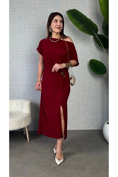 MetuCA Women's Short Sleeve One Shoulder Open Waist Elastic Waist Sandy Maxi Dress
