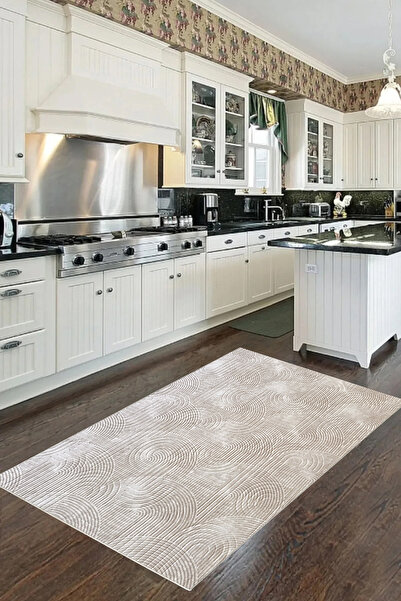 trivago halı Yıkanabilir Leke Tutmaz Kaymaz Tabanlı Kesme Kabartmalı Salon Koridor Mutfak Halısı BEJ