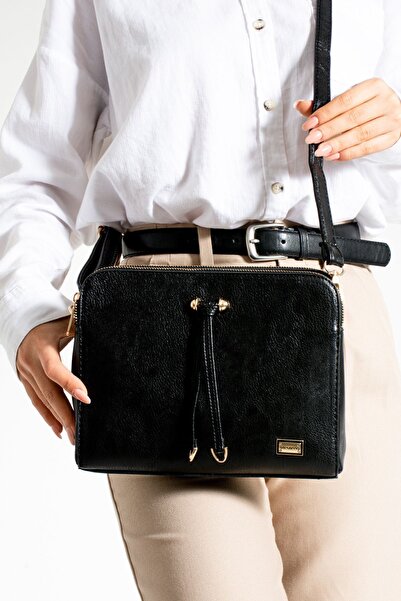 Çanta Trend Geantă de umăr neagră mată pentru femei, din piele artificială, cu curea încrucișată reglabilă, cu 3 compartimente, cu fermoar metalic