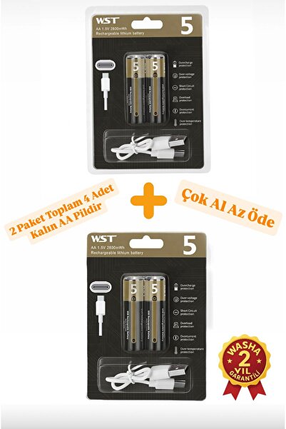 WASHA 4lü Kalem Pil AA Pil Typc-e Şarj edilebilir Pil Şarjlı Pil 1.5V AA / 32...