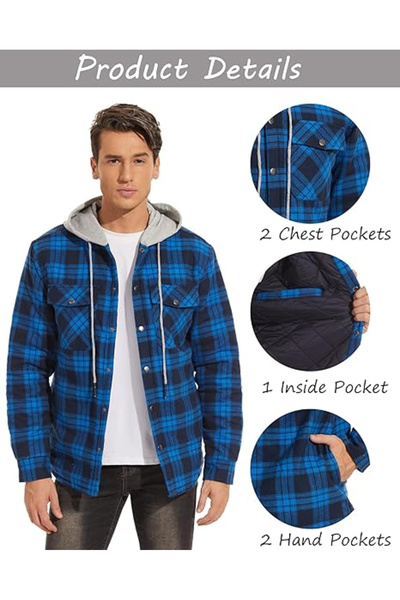 OEM Padded shirt, jacket type, checked, with zipper and snap pockets, Blue 3XL