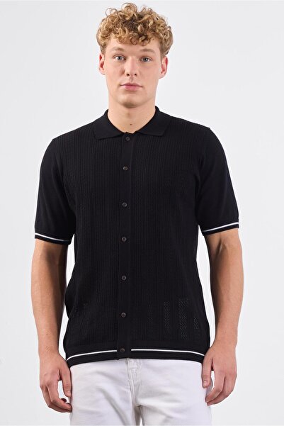 Dufy Siyah Polo Düğmeli Fitilli Kısa Kollu Slim Fit Erkek Triko