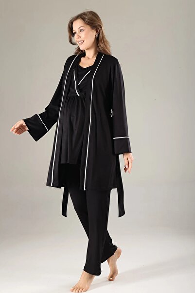 TREND Biyeli Gizli Emzirme Özellikli Sabahlıklı Lohusa Pijama Takımı Siyah - 808