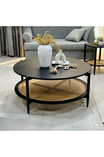 private house Modern two-tier coffee table with rattan 100 cm.
