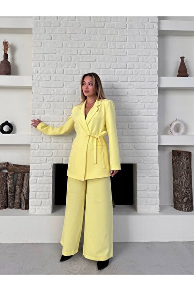 Bella Breeze Jachetă blazer cu curea pentru femei pantaloni palazzo Costum di...