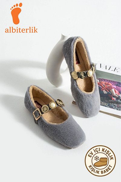 AlbiShoes Dowry Bundle Fluffy Women's Home Slippers Winter Stoned Buckle Plush Wool Indoor Outdoor Slippers