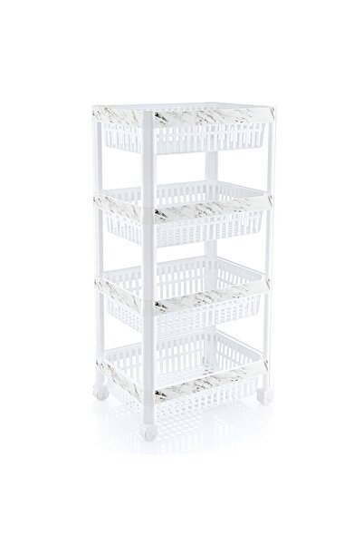 abnturk Ultra Lüks Kaliteli Beyaz Mermer Desenli Çok Amaçlı Tekerlekli Raf Se...