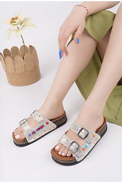 KOCAMANLAR Feles Double Buckle Cork Sole Stone Detailed Women's Slippers White