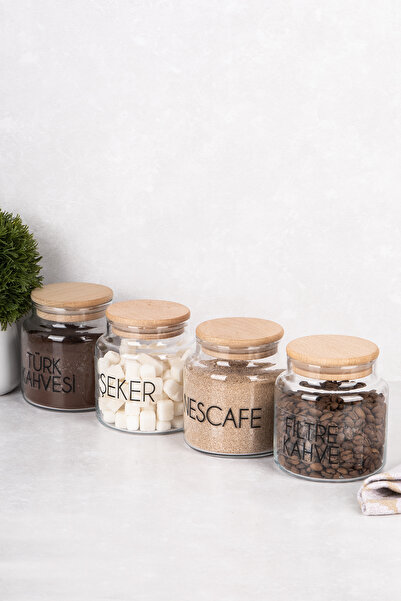 DNS HOME 4 Adet Cam Kavanoz Seti Vakum Kapaklı Saklama Kabı Şeffaf Etiket Hediyeli Kahve Köşesi Seti 500 ml