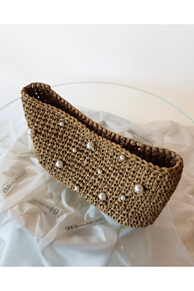 Balamony Brown Pearl Embroidered Straw Bag