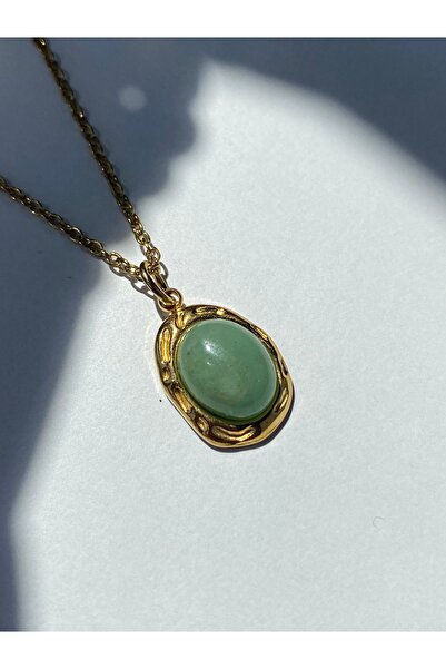 stainles steel Altın Renk Zincirli Yeşil Taş Kolye