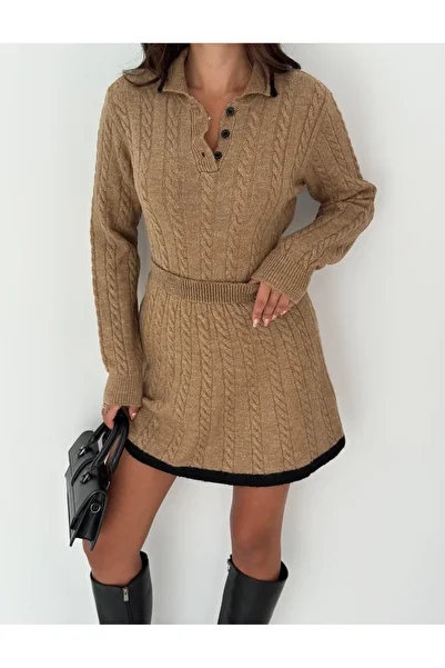 sportiness Polo Neck Hair Braided Line Detailed Knitwear Skirt Suit