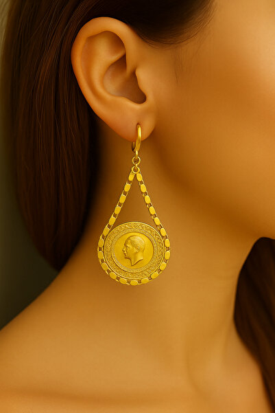 Makerlab Altın kaplama zincirli çeyrekli küpe